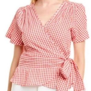 Max studio red white check wrap shirt, size small